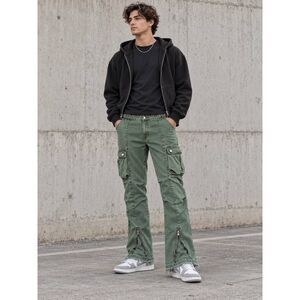 MNML Front Zip Flare Cargo Jeans Olive Green Distressed Y2K Men’s Size 36